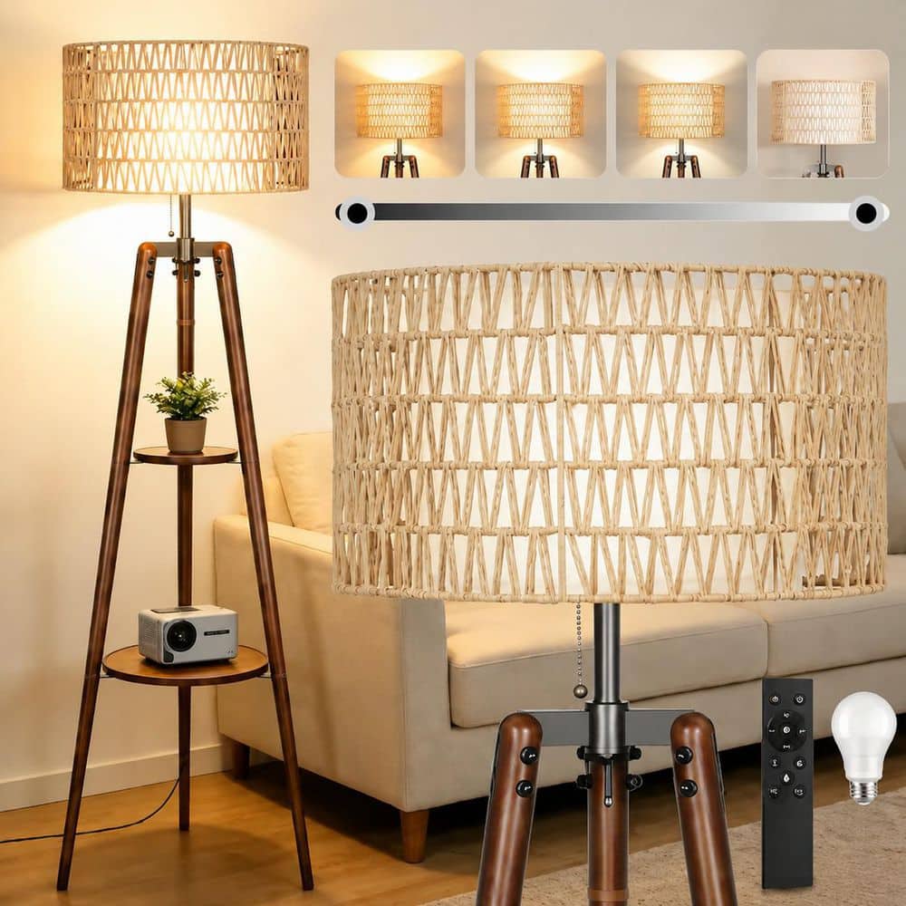 BICIK 61 in. Walnut 1-Light Dimmable Tripod Floor Lamp with Rattan