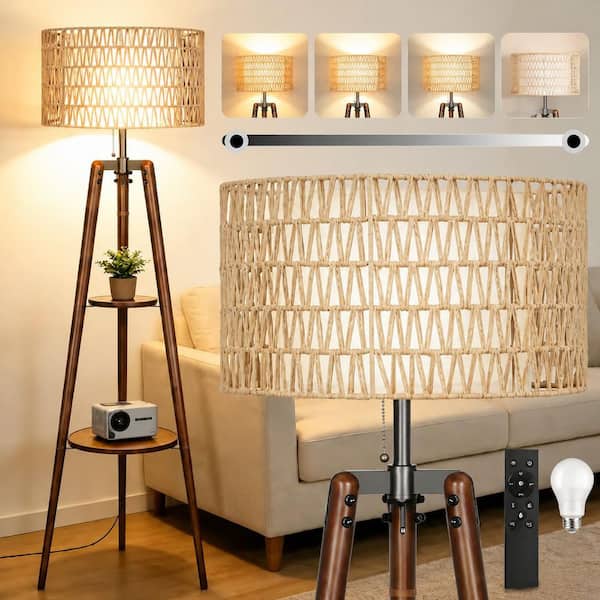 BICIK 61 in. Walnut 1-Light Dimmable Tripod Floor Lamp with Rattan