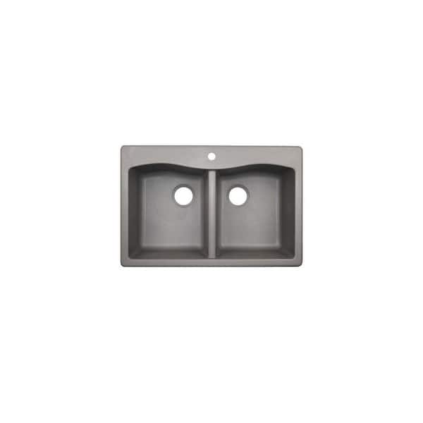 Swan Dual-Mount Granite 33 in. x 22 in. 1-Hole 50/50 Double Bowl Kitchen Sink in Metallico