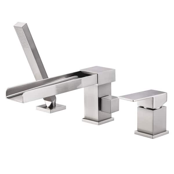 Single-Handle Tub Deck Mount Roman Tub Faucet with 360° Swivel Waterfall Spout with 59 in. Hose in Brushed Nickel