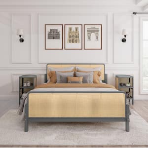 Gray Wooden Frame Full Size Platform Bed with Rattan and 2-Nightstands