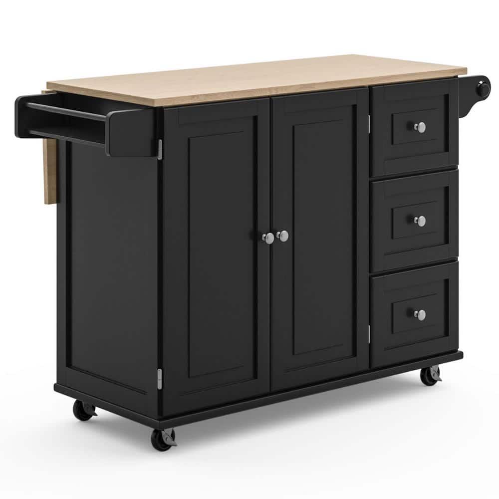 Black Wood Kitchen Cart with Drop Leaf and Storage