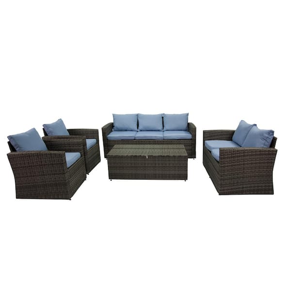 THY-HOM Arlington Gray Frame 5-Pieces Wicker Outdoor Sectional Set with Harbor Blue Cushions