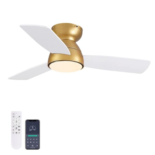 32 in. Indoor Standard Flush Mount Gold and White Low Profile 3 Blades Ceiling Fans with Lights with Remote Included