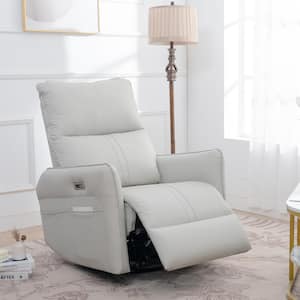 Light Gray Faux Leather 270° Power Rocking Swivel Recliner Chair with USB Ports, Side Pockets, Glider