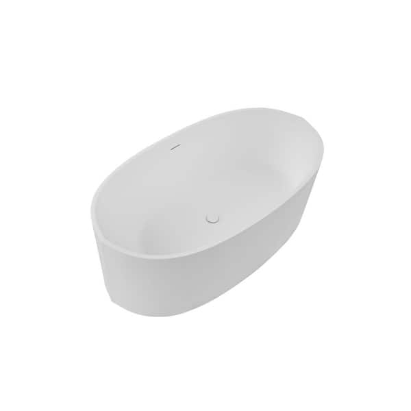 64.96 in. x 34.25 in. Flat Bottom Stone Resin Freestanding Soaking Bathtub with Center Drain in Matte White