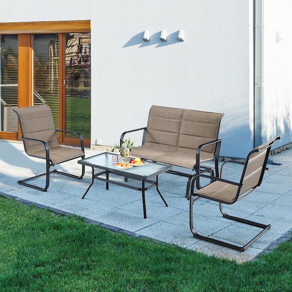 4 Piece Metal Steel Patio Conversation Set Cotton Padded Furniture Set w/Swing Glider Loveseat