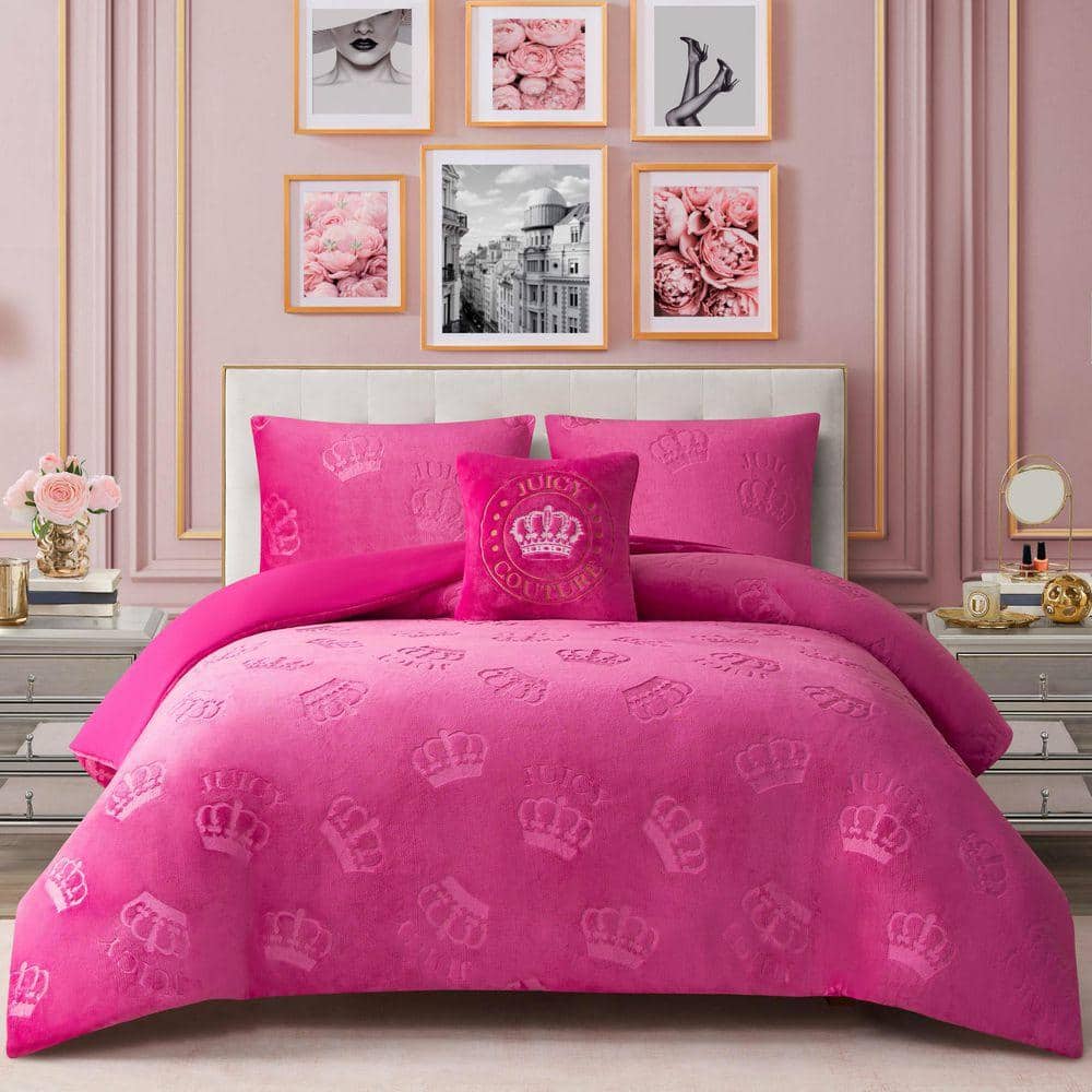 JUICY COUTURE Embossed Plush Crown 3-Piece Hot Pink Damask