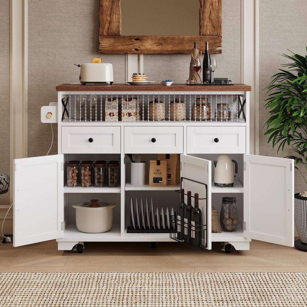 46.5 in. White Kitchen Cart on Wheels with Drape of Beads, Drop Leaf, Internal Iron Shelf, 3-Doors and 3-Drawers price history on PriceWatchPro