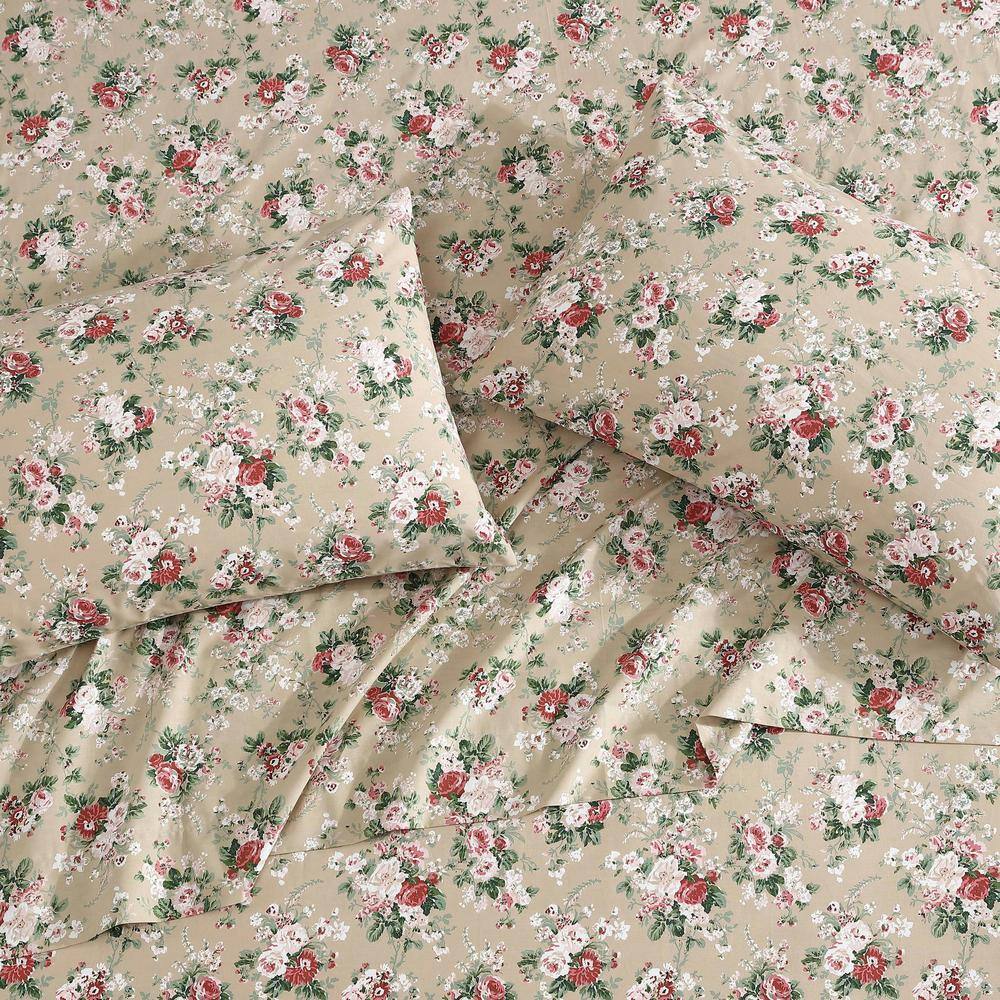 Twin Beige Floral Cotton Percale Sheet Set