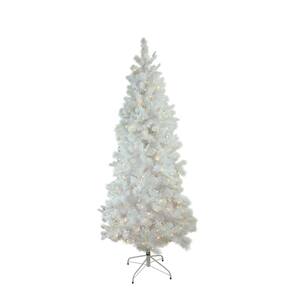 9 ft. x 49 in. Pre-Lit Flocked White Pine Slim Artificial Christmas Tree Warm White LED Lights