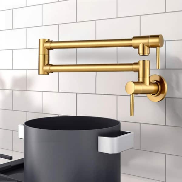Wall-Mounted Pot Filler with Double-Handles in Brushed Gold