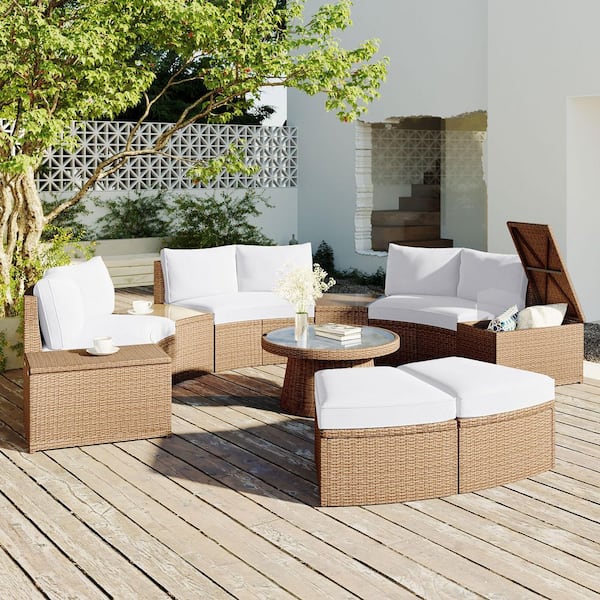 Unbranded 10-Piece Brown PE Wicker Half Round Outdoor Sectional Set with White Cushions for Garden, Backyard