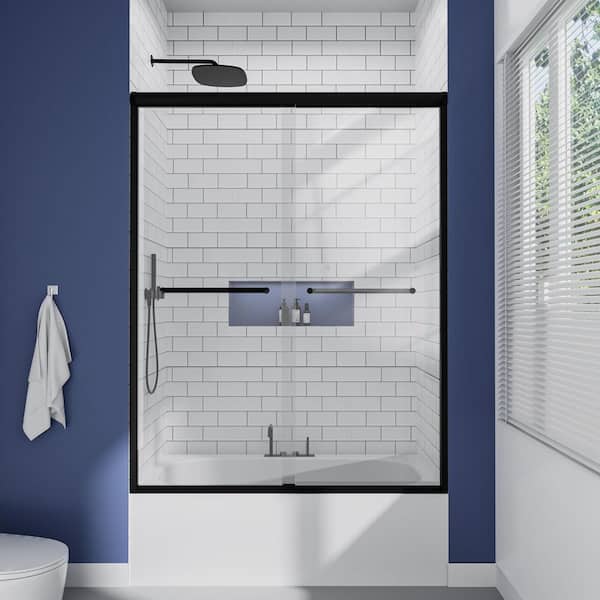 mortix 60 in. W x 62 in. H Double Sliding Framed Tub Door in Matte Black with 1/4 in. Clear Glass