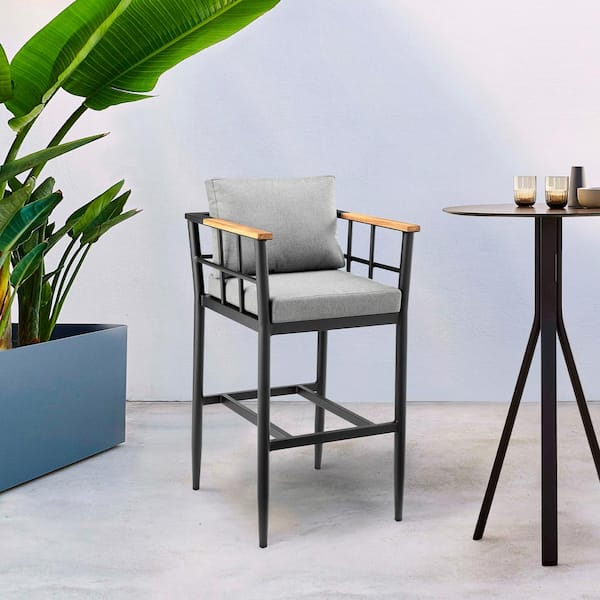 Armen Living Orlando Bar Height Aluminum and Teak Outdoor Bar Stool with Gray Cushions
