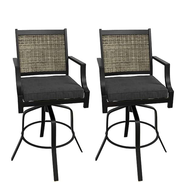 Kadehome 360° Swivel Function Aluminum Frame Outdoor Bar Stool Chair with Dark Gray Fabric Cushion and Teslin Backrest (Set of 2)