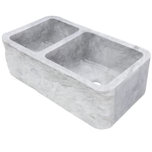 Reversible 60/40 33 in. Farmhouse/Apron-Front Double Bowl White Carrara Marble Kitchen Sink with Natural Chiseled Apron