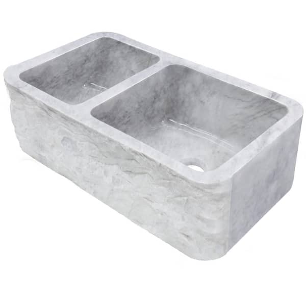 Novatto Reversible 60/40 33 in. Farmhouse/Apron-Front Double Bowl White Carrara Marble Kitchen Sink with Natural Chiseled Apron