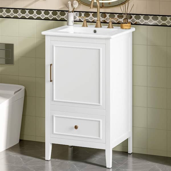 20 in. Freestanding White Bath Vanity with White Ceramic Top, Door Shelf Storage and Adiustable Foot Pads