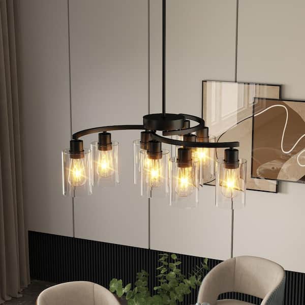 9-Light Matte Black Chandelier Light Fixture with Clear Glass Shades, Adjustable Height Hanging Light