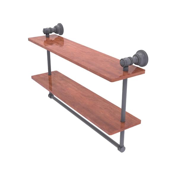 Carolina Collection 22 in. W 9.5 in. H x 5.54 in. D Brass Rectangular Double Wood Shelf with Towel Bar in Matte Gray