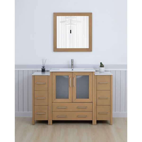 Vanity Art 54 in. W x 18 in. D x 36 in. H Natural Oak Bath Vanity with White Ceramic Top and Mirror