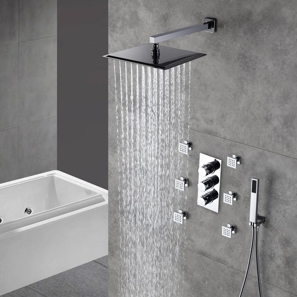 Chrome Dual Square Wall Mounted Shower System with Handheld and Body Jets