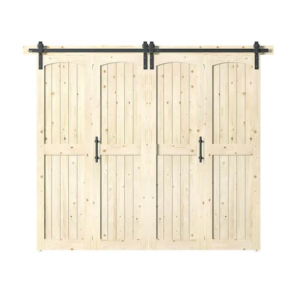 Assembled Arch Top 96 in. x 84 in. Solid Core Unfinished Knotty Pine Wood Double Bi-Fold Door with Hardware Kit