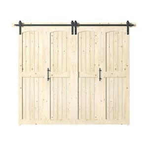 Assembled Arch Top 96 in. x 84 in. Solid Core Unfinished Knotty Pine Wood Double Bi-Fold Door with Hardware Kit