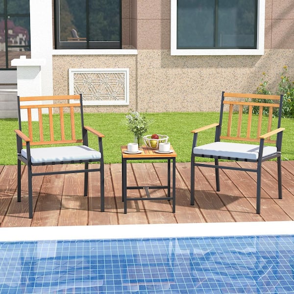 3-Piece Acacia Wood Patio Conversation Set with White Cushions