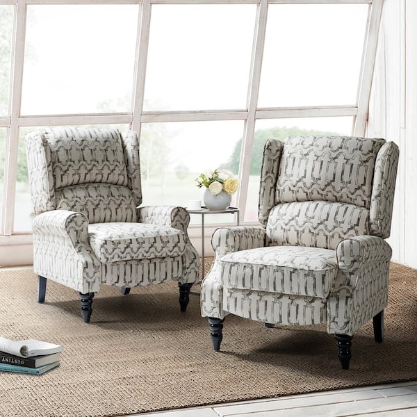 JAYDEN CREATION Bogazk Modern Grey Polyester Pattern Manual Recliner with Wingback and Rubber Wood Legs (Set of 2)