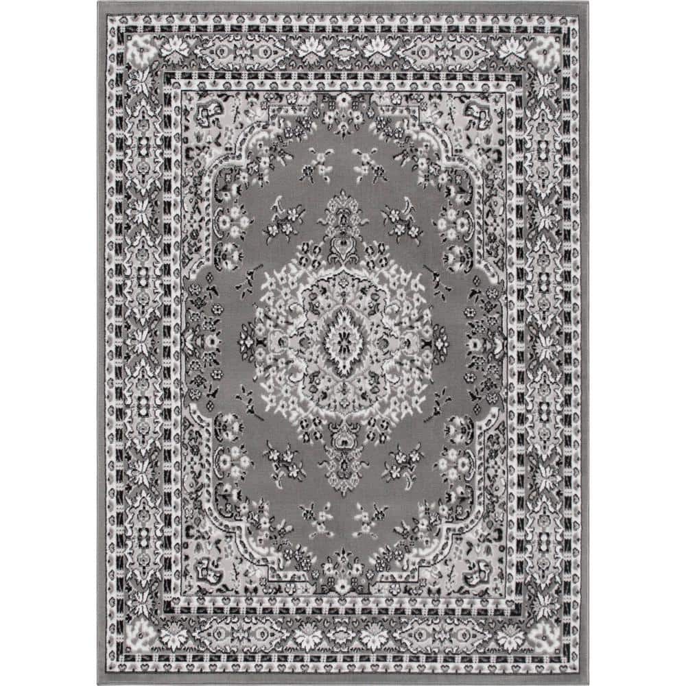Gray Synthetic Stain-Resistant Traditional Medallion Area Rug
