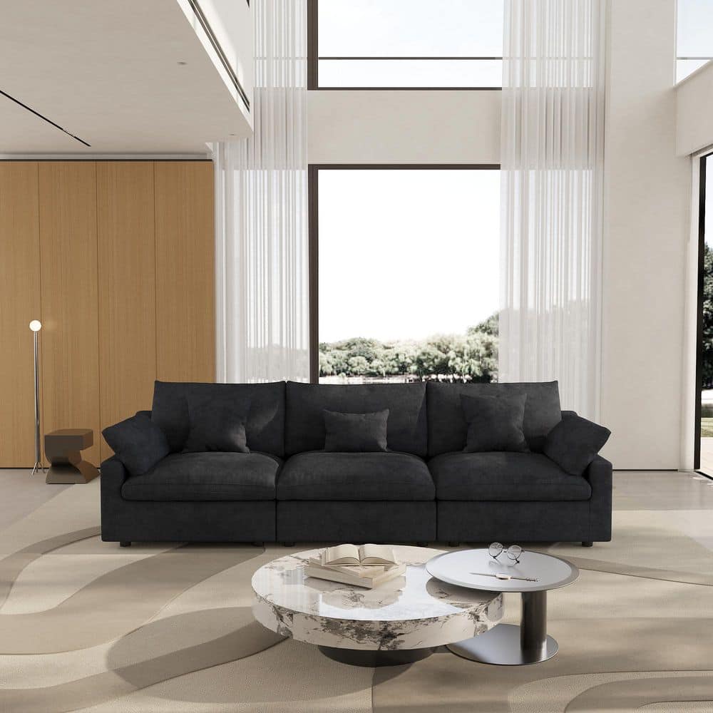 119.3 in. Slope Arm Oversized Deep Seat Down Modular Sofa with Linen Fabric, Free Combination Living Room Set in Black