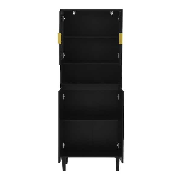Otryad Black Tempered Glass Door Tall Storage Bookcase with Adjustable Board, 4-doors MDF Painting Finished Cabinet