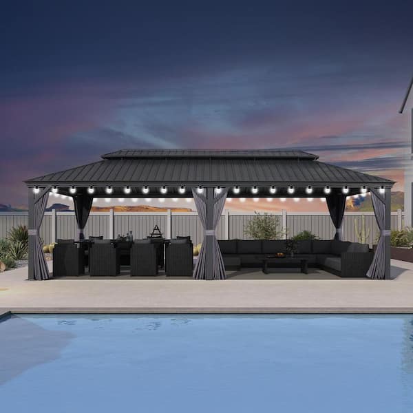 12 ft. x 28 ft. Gray Patio Outdoor Gazebo for Backyard Hardtop Aluminum Frame with Hooks, Netting, Curtain 48 Lights