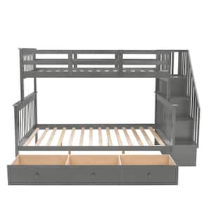 Gray Twin Over Full Bunk Bed with Drawers and Staircase