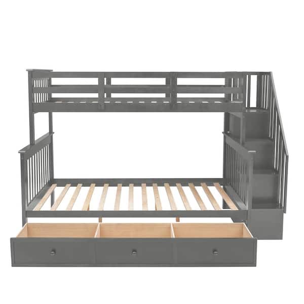 Wateday Gray Twin Over Full Bunk Bed with Drawers and Staircase