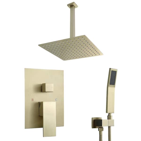 2-Spray Patterns Dual Ceiling Mount Shower Head with 1.8 GPM 12 in. Matte Gold with Handheld Shower