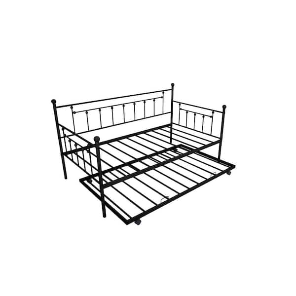 URTR Black Twin Size Metal Daybed with Trundle, Simple and Modern Metal Trundle Bed Frame with Casters and Metal Slats