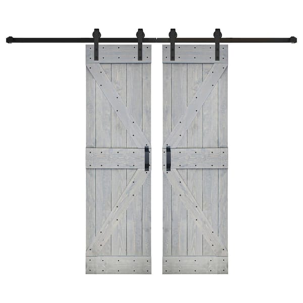 ISLIFE K Series 56 in. x 84 in. Willow Gray Finished DIY Solid Wood Double Sliding Barn Door with Hardware Kit