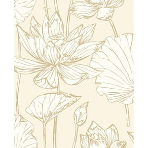 Lotus Metallic Gold And Cream Floral Vinyl Peel & Stick Wallpaper Roll (Covers 30.75 Sq. Ft.)