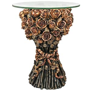 Table of Roses 18 in. W Gold Polyresin Glass-Topped Sculptural Table