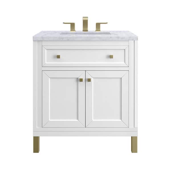 James Martin Vanities Chicago 30.0 in. W x 23.5 in. D x 34 in. H Bathroom Vanity in Glossy White with Arctic Fall Solid Surface Top
