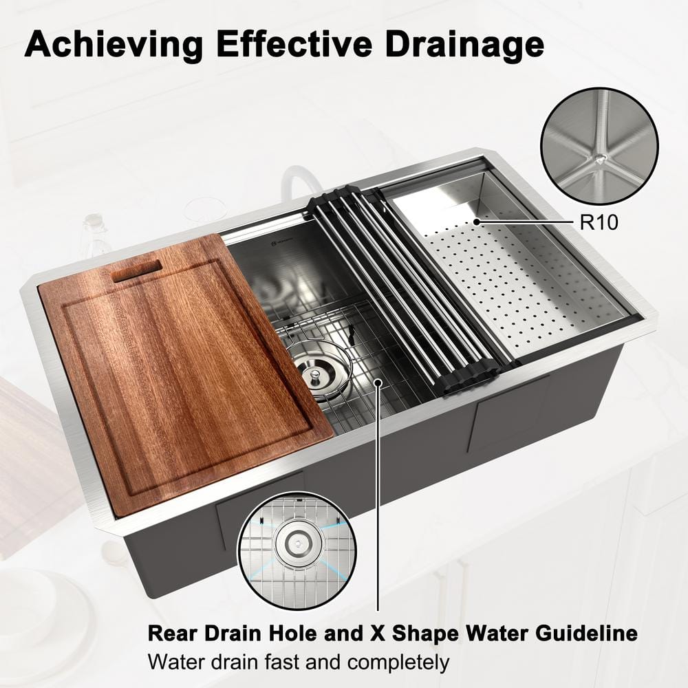 32" Undermount Single Bowl Brushed Stainless Steel Kitchen Sink with Accessories