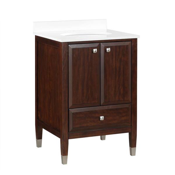 null Tricia 24 in. Bathroom Vanity in Walnut w/Composite Granite Vanity Top in White w/White Ceramic Oval Sink and Backsplash
