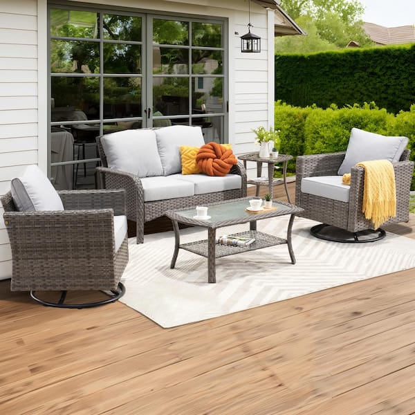Victor 5 Pieces Pies Wicker Outdoor Patio and Swivel Rocking Chairs with Gray Cushions
