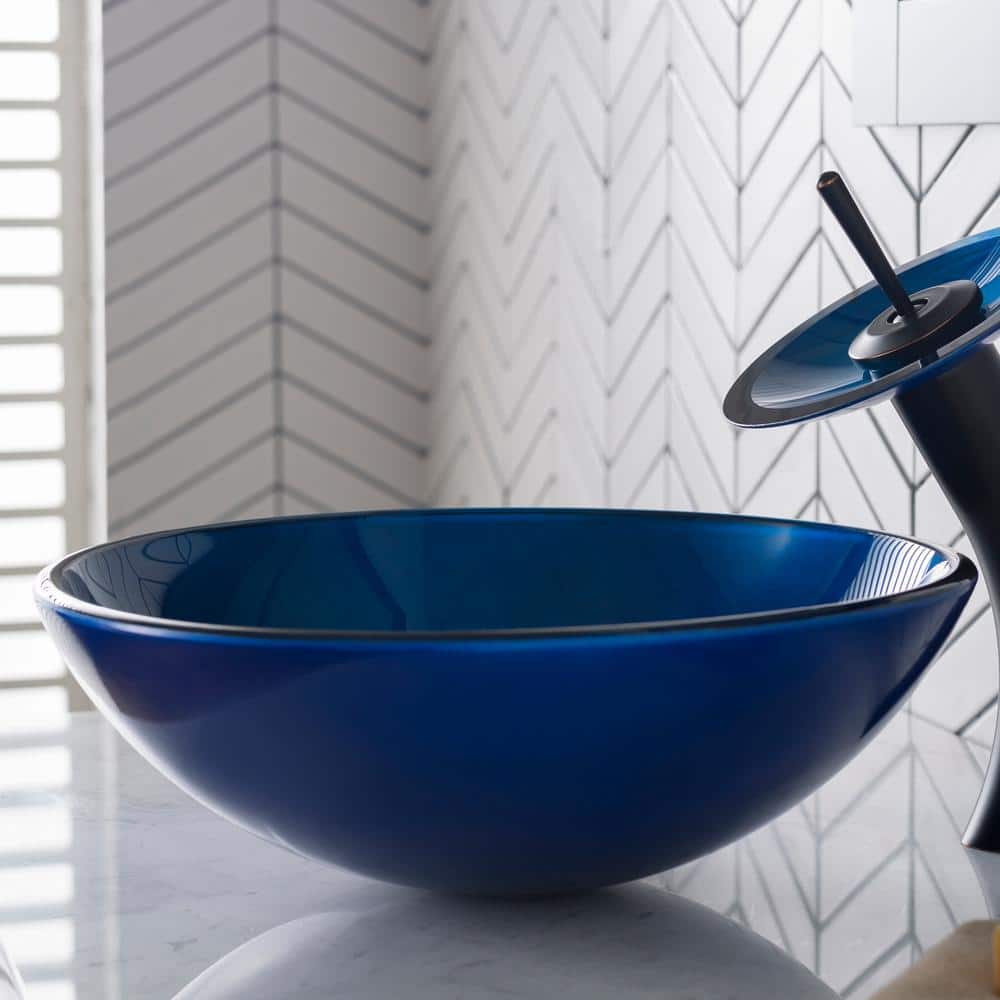 17'' Blue Glass Round Vessel Bathroom Sink