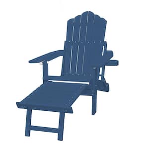 Folding Plastic Outdoor Adirondack Chair with Pull-Out Ottoman and Cup-Holder in Blue