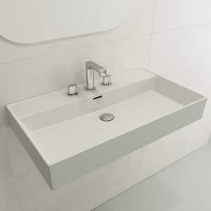 Milano Wall-Mounted Matte White Fireclay Rectangular Bathroom Sink 32 in. 3-Hole with Overflow