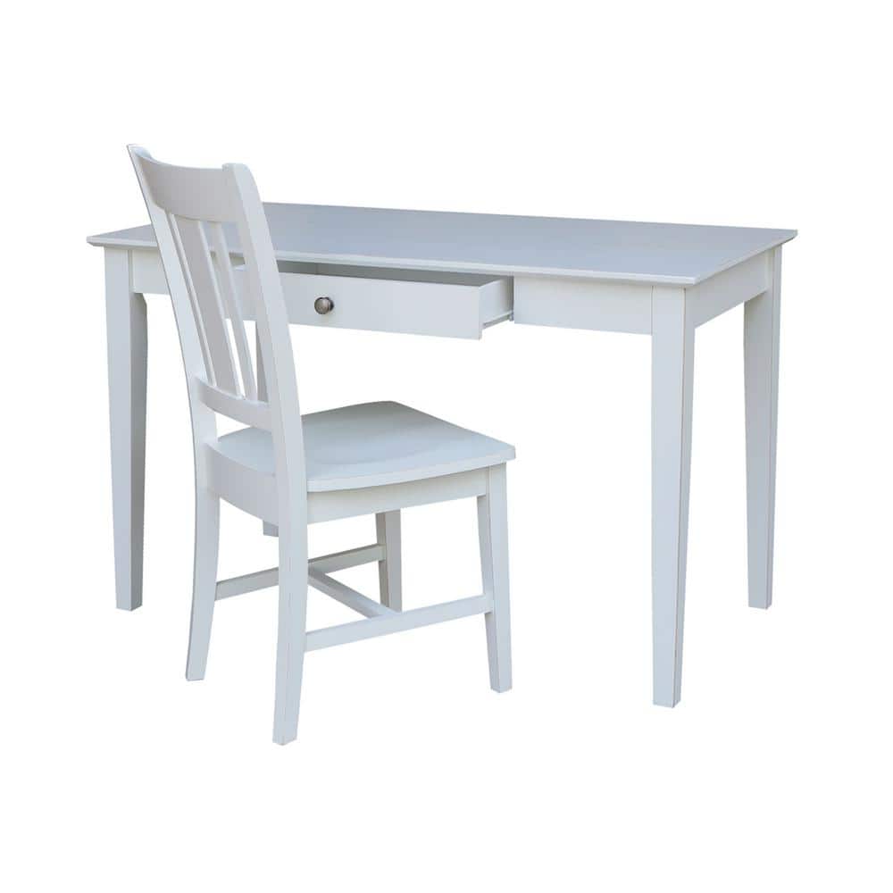 Beach White Solid Hardwood Desk with Drawer and Chair Set